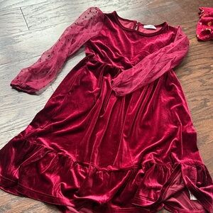 Girls' Velvet Party Dress with Sheer Polka Dot Sleeves - Wine